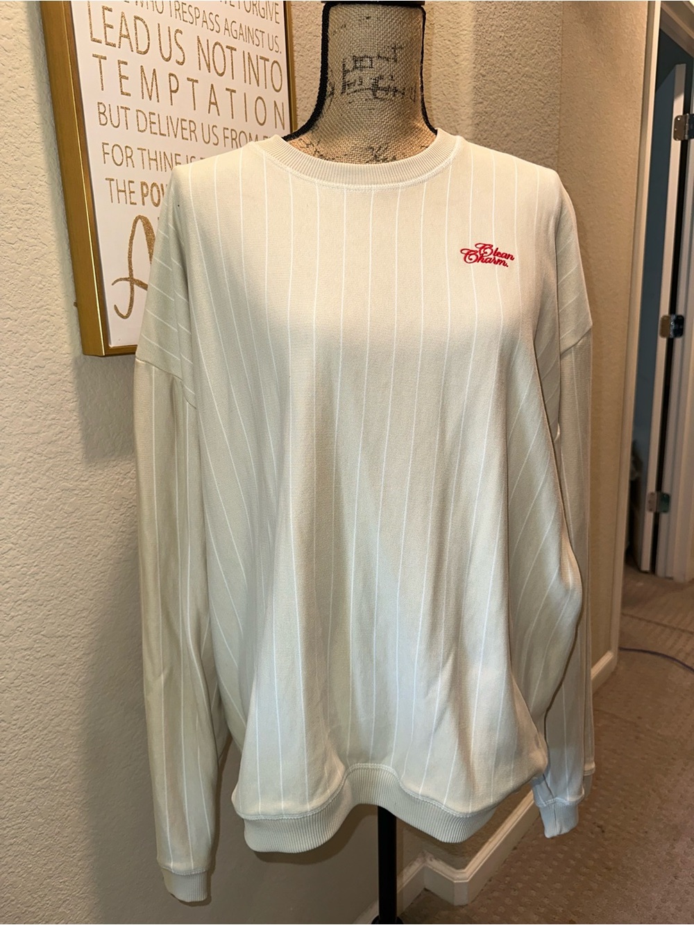 White Pinstripe Crewneck Shirt with Red Script Logo - Men/Unisex